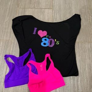 Off shoulder 80s style tee with matching sports bras